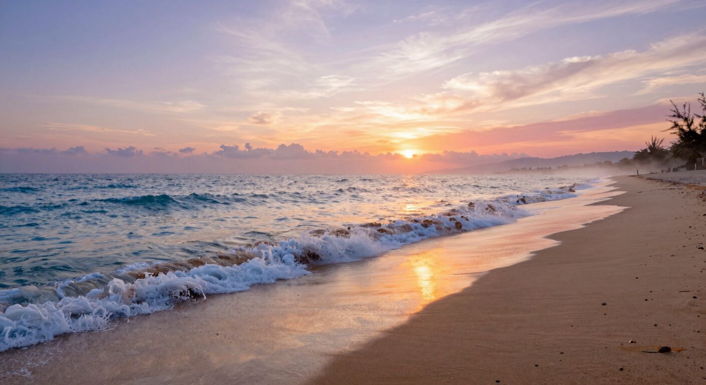 Ocean sunset at beach with waves