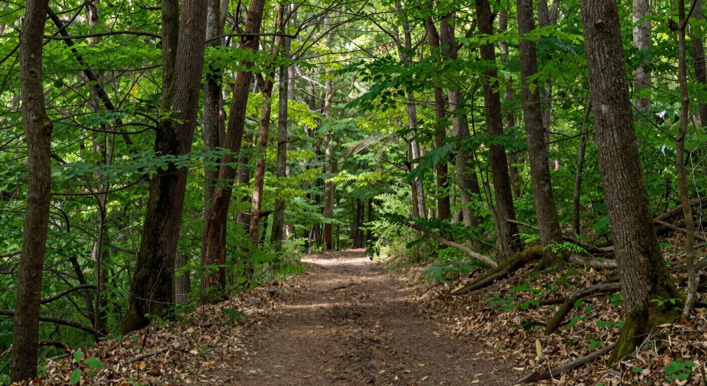 Forest path through green trees